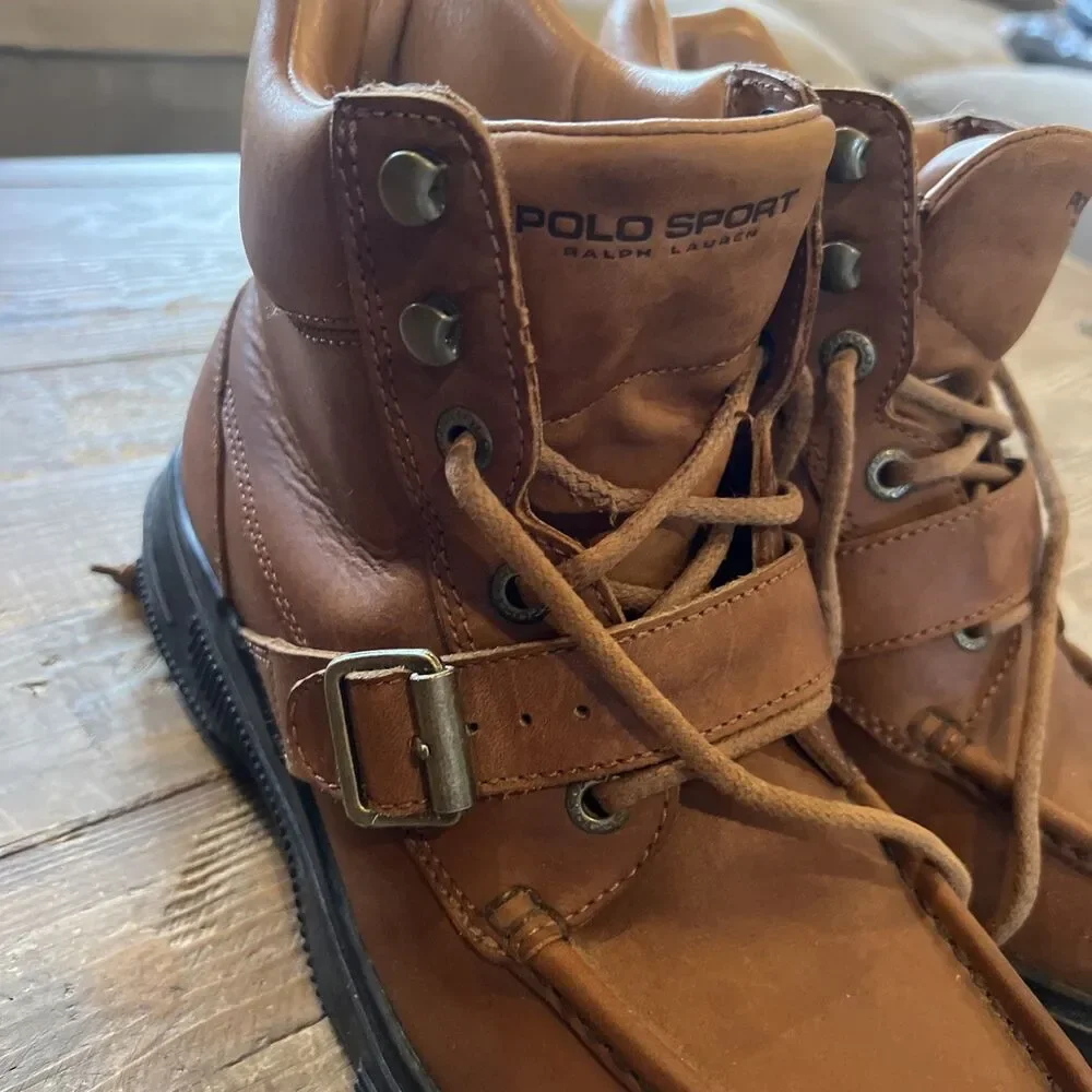 VTG Ralph Lauren Polo Sport Leather Hiking Boots Lug Sole Buckle Strap Men’s 10